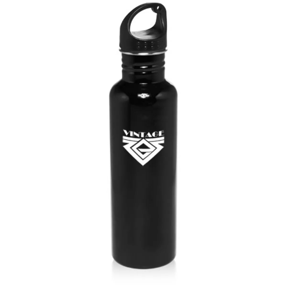 Official ESP+ catalog image of the black 26 oz stainless steel sports water bottle with a sample decoration