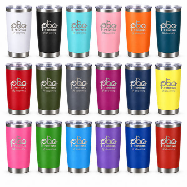 Available color options for 20 oz tumblers engraved with the PBA Printing logo
