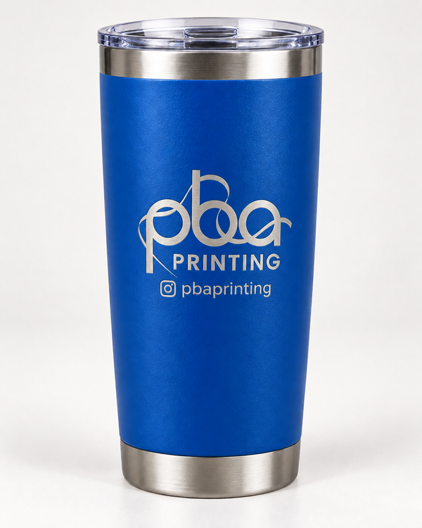 Royal blue 20 oz tumbler laser engraved with PBA Printing logo