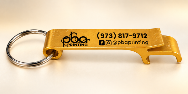 Premium studio photo of gold custom UV-printed bottle opener keychain
